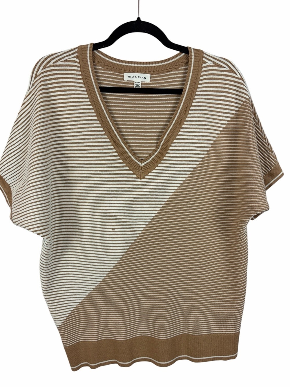 Rio & Rian Striped Knit Top Neutral Colorblock V Neck Short Sleeve Sweater XL